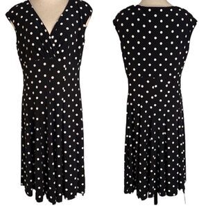 Lauren Ralph Lauren Womens 10 Black White Polka Dot Pleated Vneck Cocktail Dress